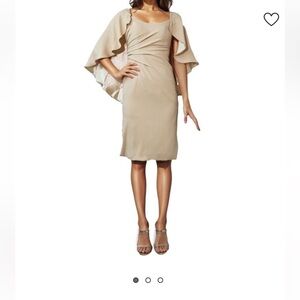 Rene Ruiz One-Shoulder Cape Dress in Beige